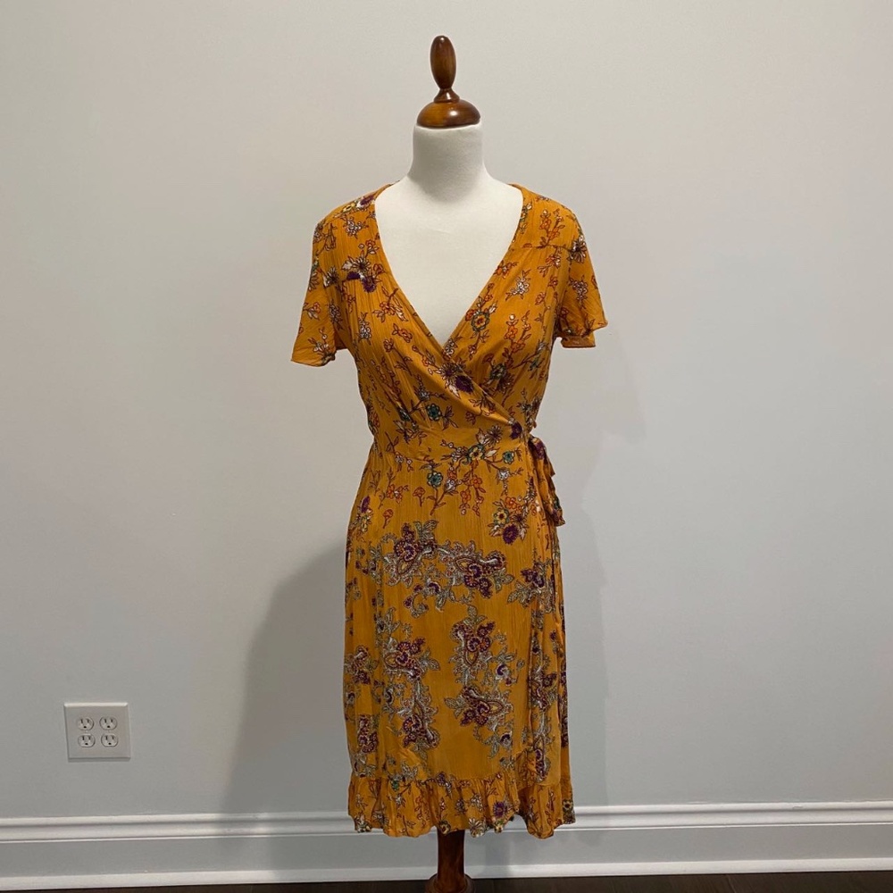 i the wild mustard floral wrap dress